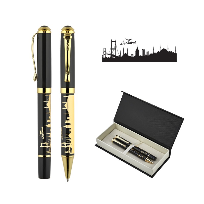 KP02123-0209 Kabartma Figürlü Metal Roller & Tükenmez Kalem Seti / İstanbul